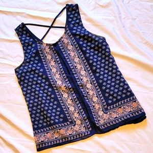 MINE  layered flowy cross back navy blue floral tank blouse
